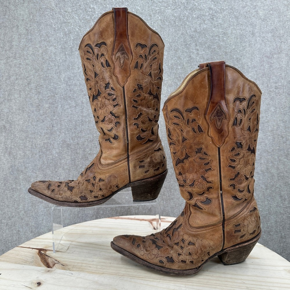 Corral Cowboy Boots Womens 8.5 Brown Floral Overlay Snip Toe Leather